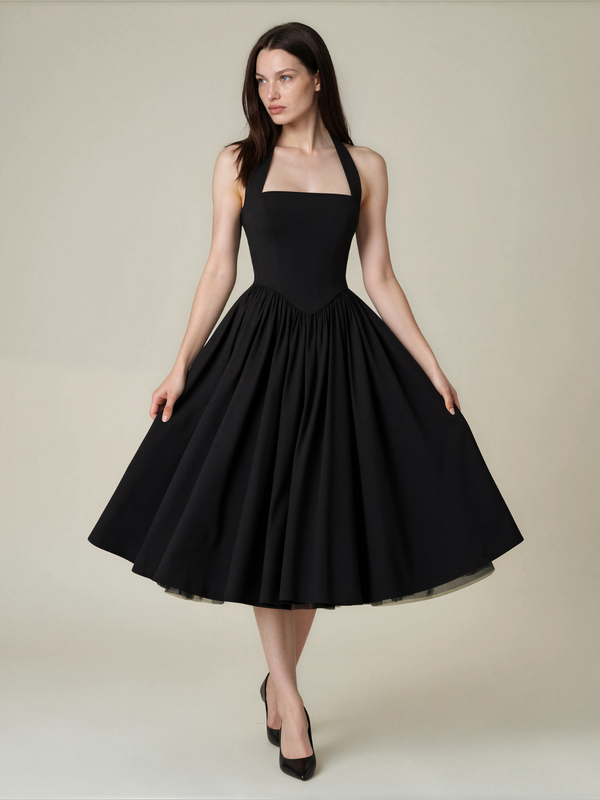 Connie | Halter Square Neck Corset Back Midi Dress with Full Skirt