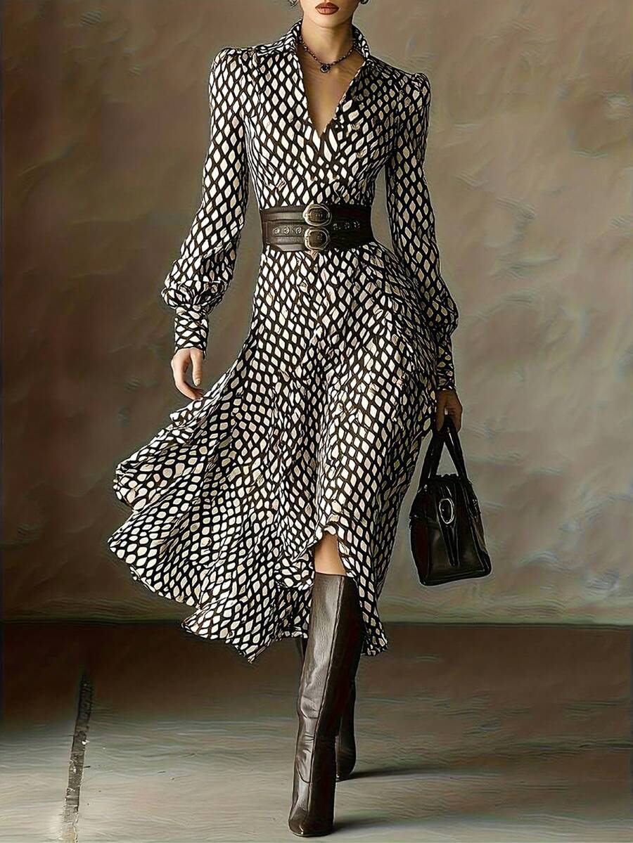 Honor Lantern Sleeve Diamond Print Maxi Dress - front view