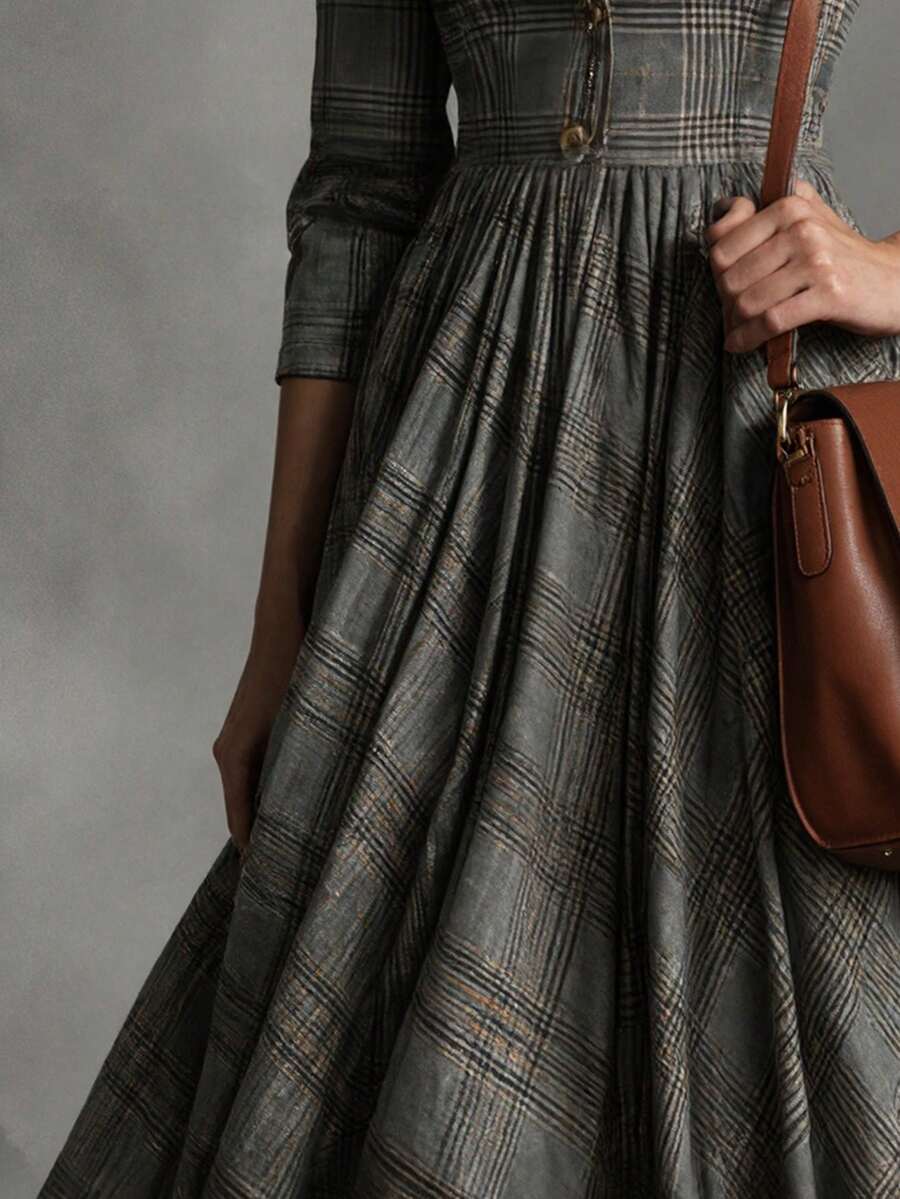 Honey V-Neck Check Pleated Maxi Dress - view 4