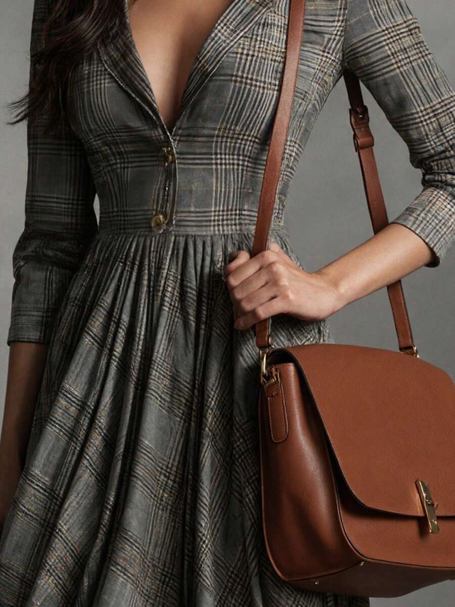 Honey V-Neck Check Pleated Maxi Dress - view 6