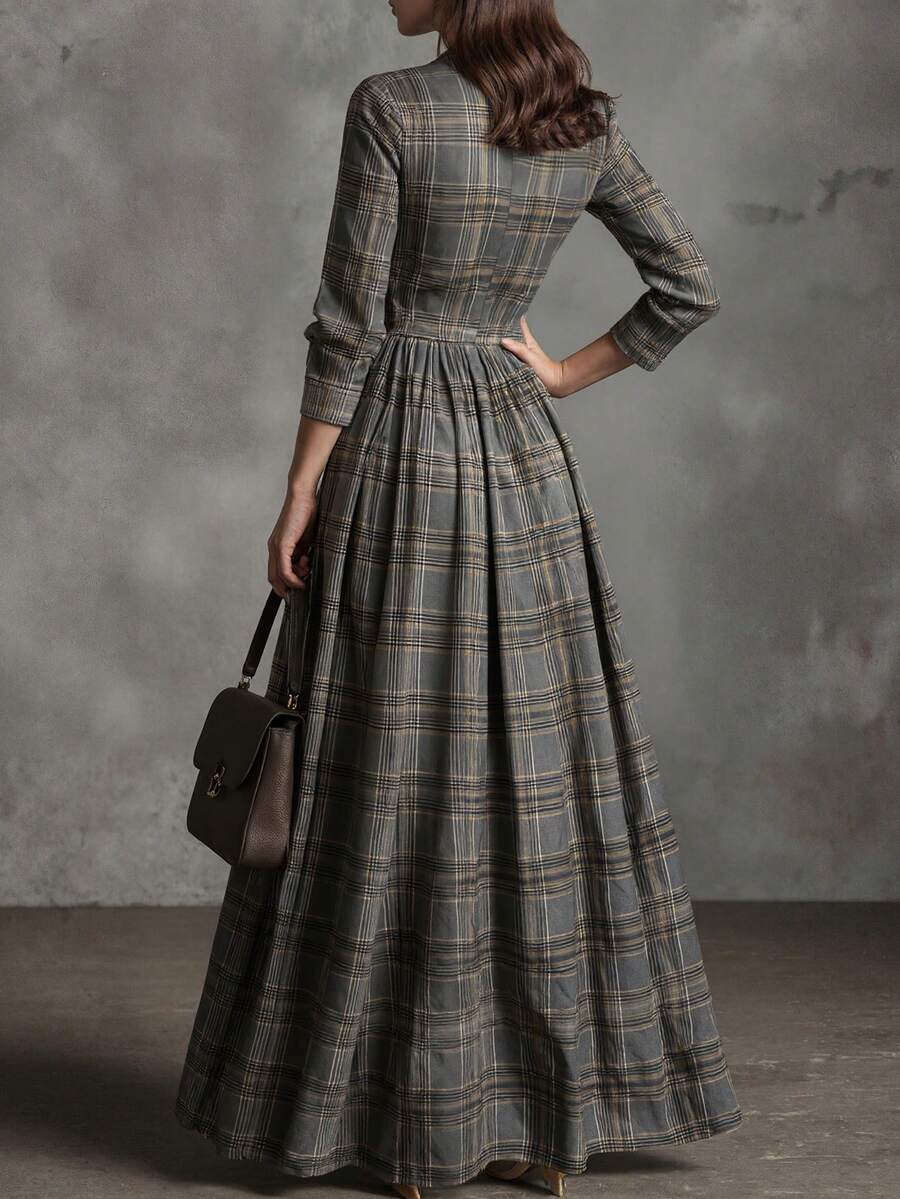 Honey V-Neck Check Pleated Maxi Dress - view 3