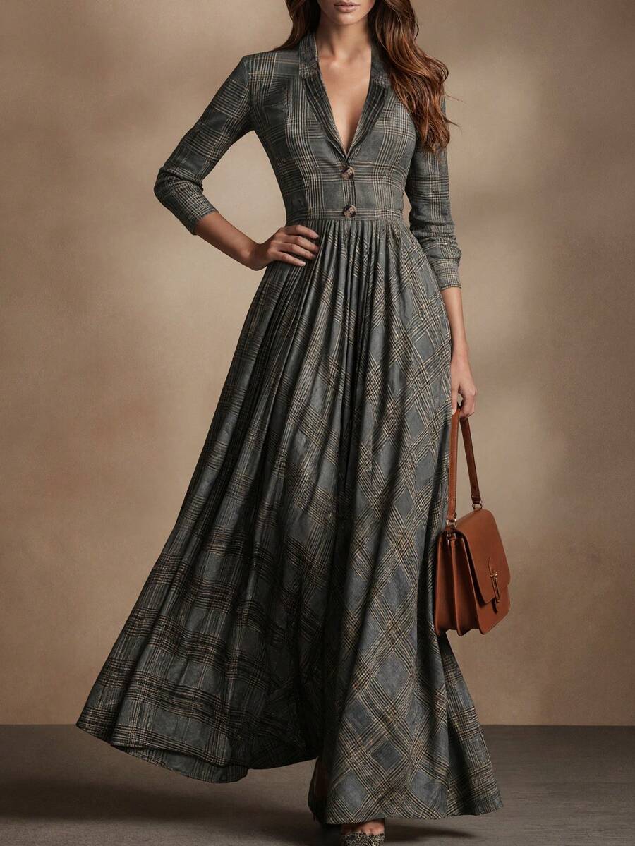 Honey V-Neck Check Pleated Maxi Dress - view 2