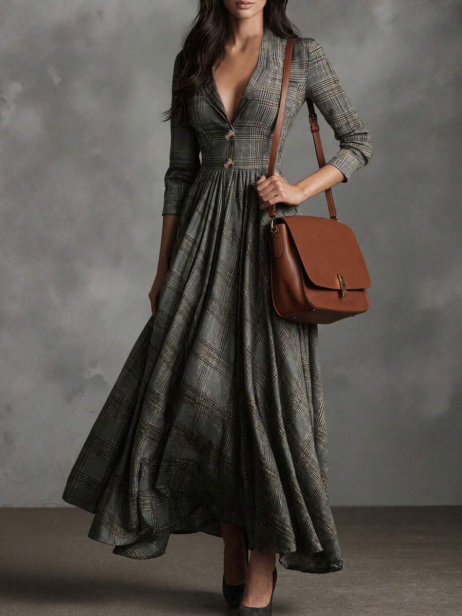 Honey V-Neck Check Pleated Maxi Dress - front view