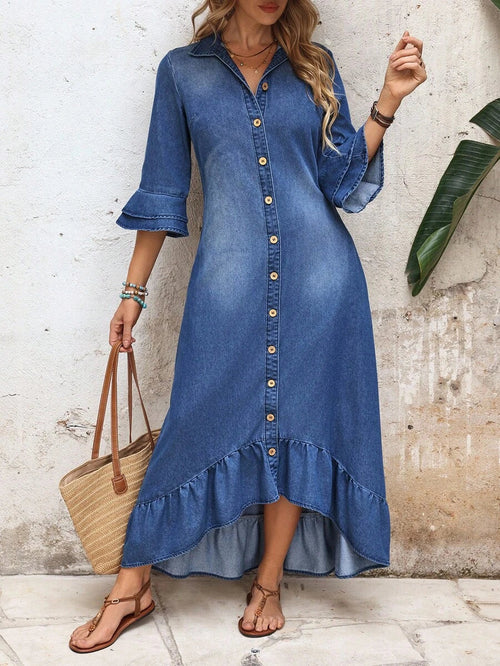 Alba Single-Breasted Denim Shirt Dress Ruffle Hem Ruched - front view