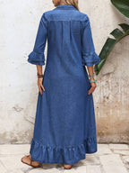 Alba Single-Breasted Denim Shirt Dress Ruffle Hem Ruched - view 2