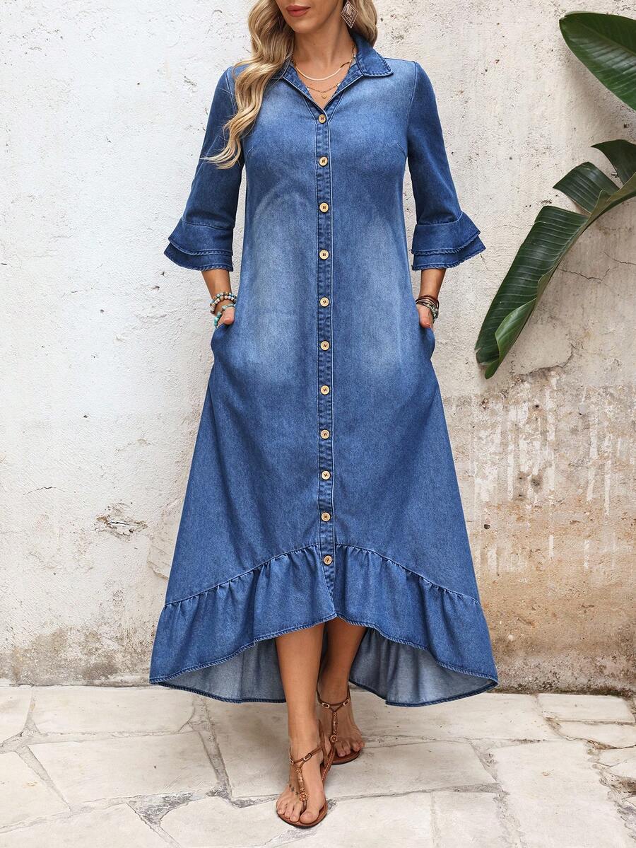 Alba Single-Breasted Denim Shirt Dress Ruffle Hem Ruched - view 3