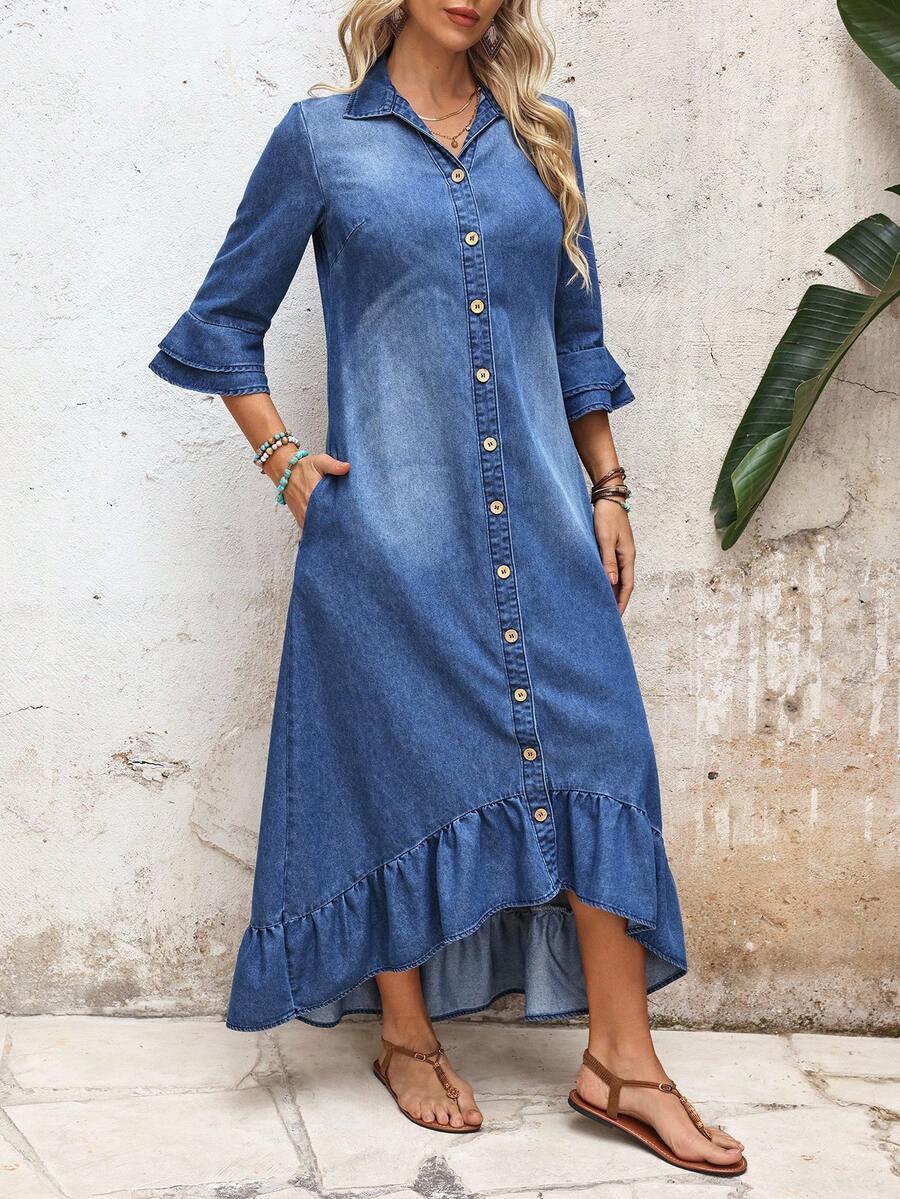 Alba Single-Breasted Denim Shirt Dress Ruffle Hem Ruched - view 4