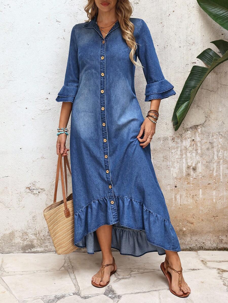 Alba Single-Breasted Denim Shirt Dress Ruffle Hem Ruched - view 5