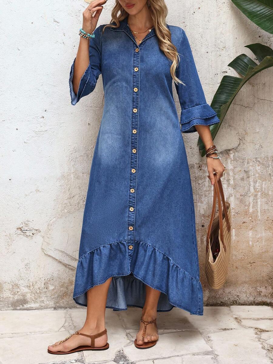 Alba Single-Breasted Denim Shirt Dress Ruffle Hem Ruched - view 6
