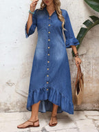 Alba Single-Breasted Denim Shirt Dress Ruffle Hem Ruched - view 6