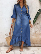 Alba Single-Breasted Denim Shirt Dress Ruffle Hem Ruched - view 7