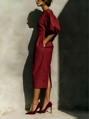Robyn | Balloon Sleeve Boat Neck Pencil Midi Dress