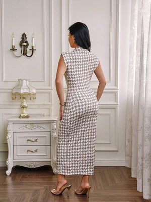 Esme | Houndstooth Stand Collar Bodycon Midi Dress