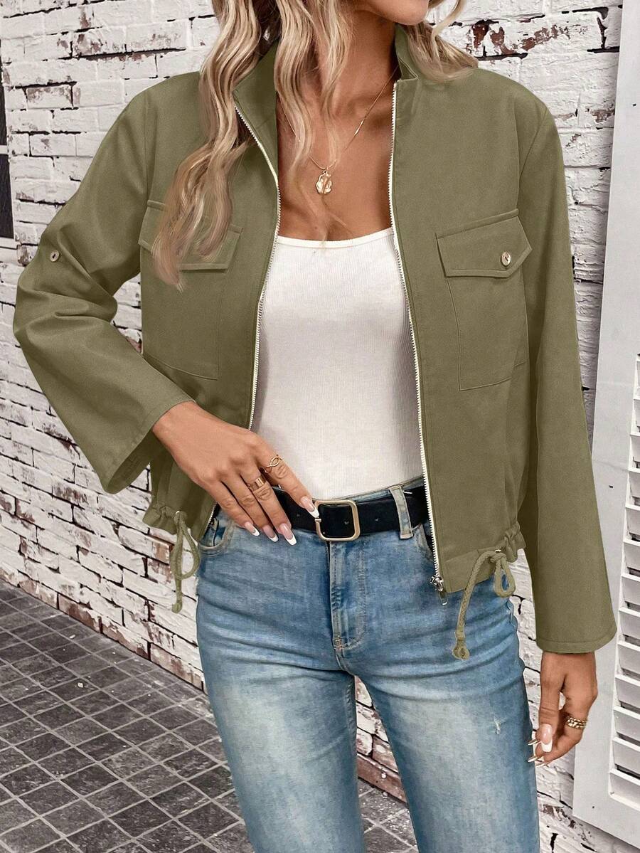 Hettie Stand Collar Drawstring Short Jacket - view 18