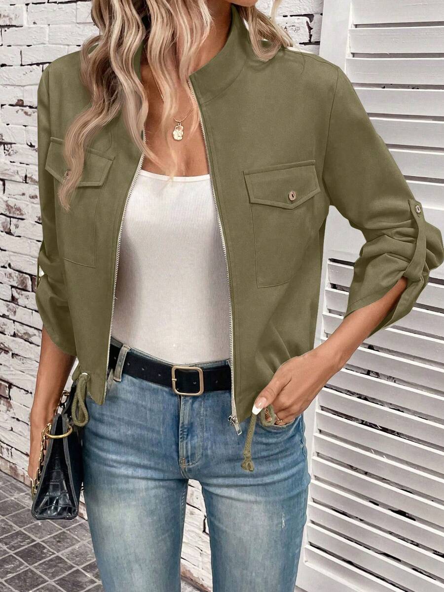 Hettie Stand Collar Drawstring Short Jacket - view 22