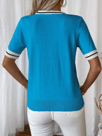 Isabella Tie-Neck V-Neck Knit Top with Contrast Trim - view 9
