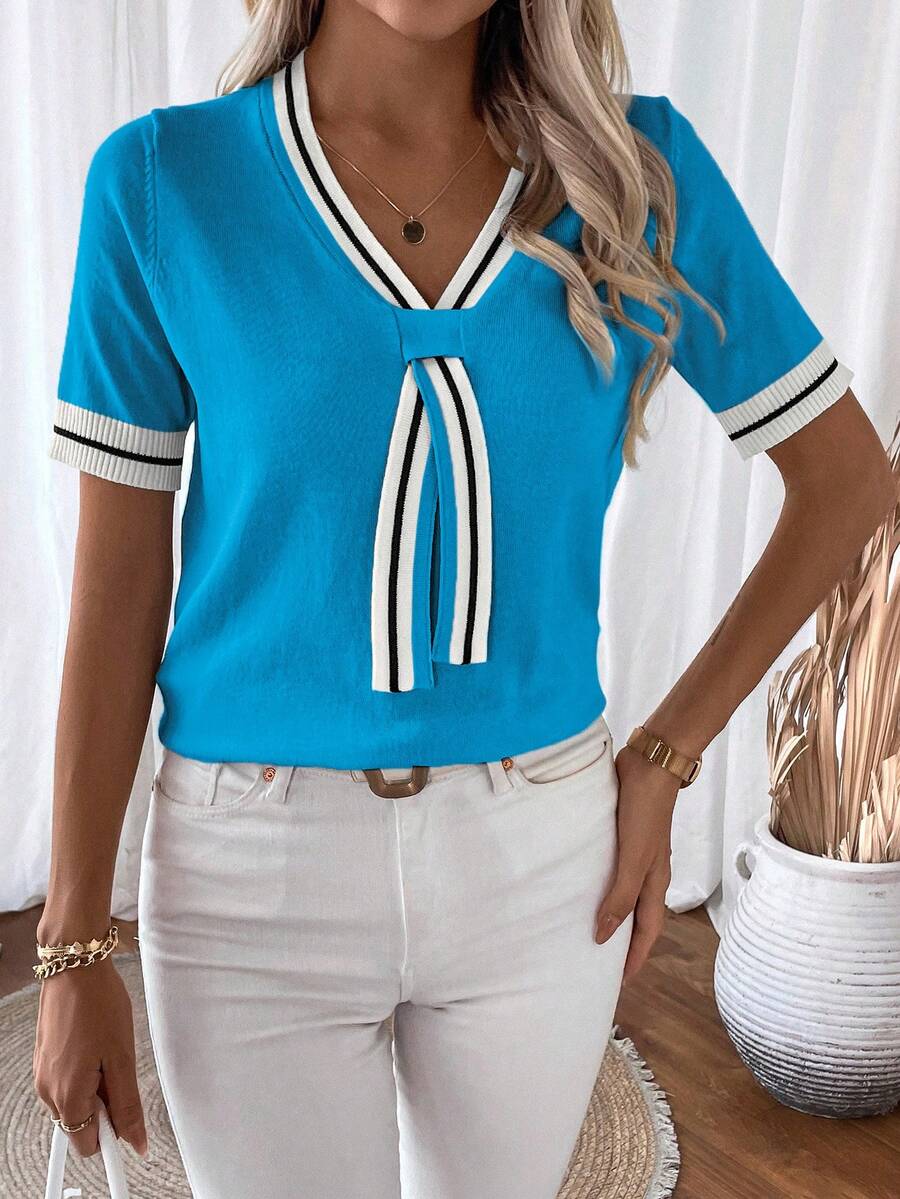 Isabella Tie-Neck V-Neck Knit Top with Contrast Trim - view 10