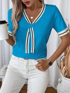 Isabella Tie-Neck V-Neck Knit Top with Contrast Trim - view 11