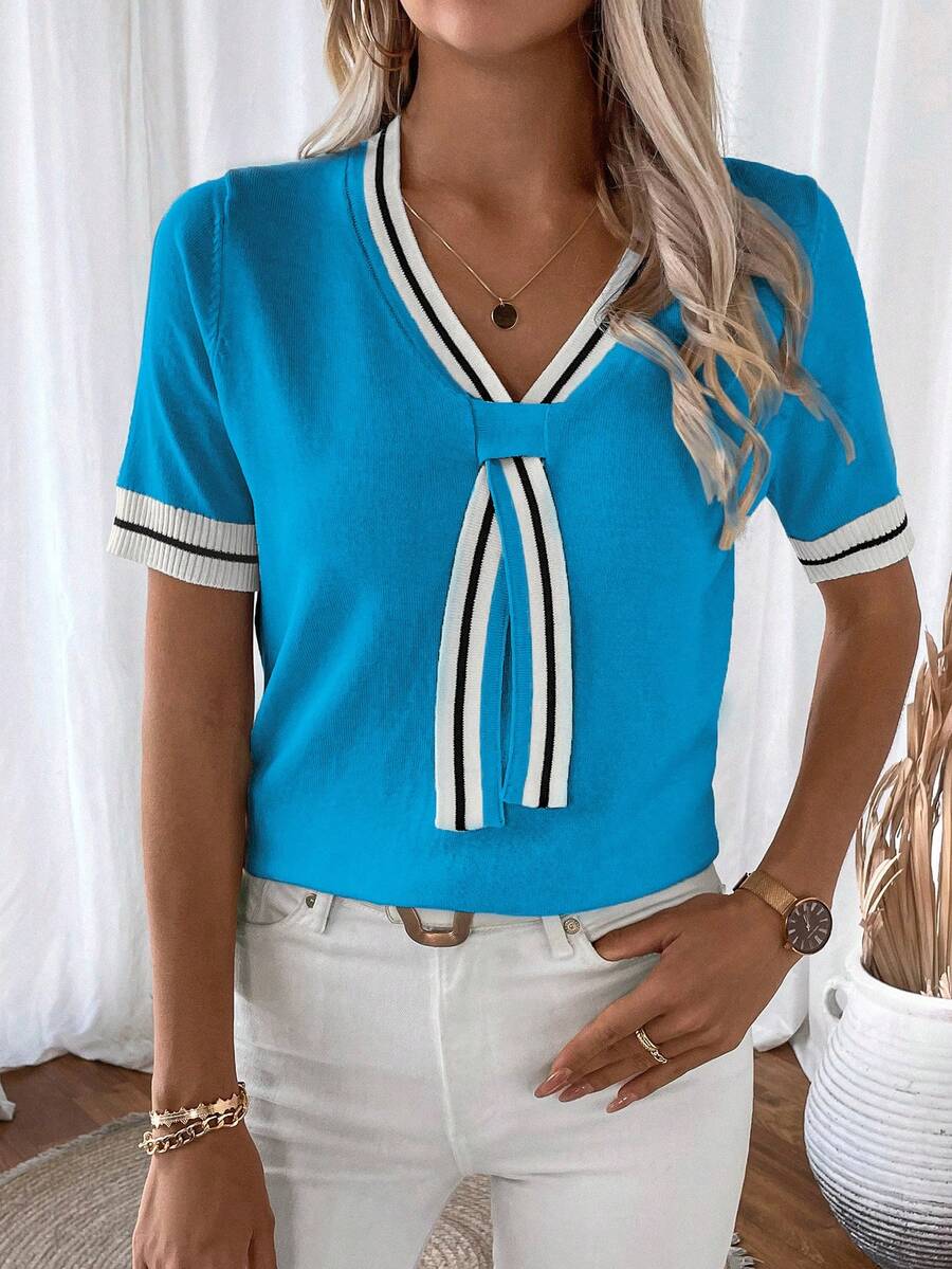 Isabella Tie-Neck V-Neck Knit Top with Contrast Trim - view 12