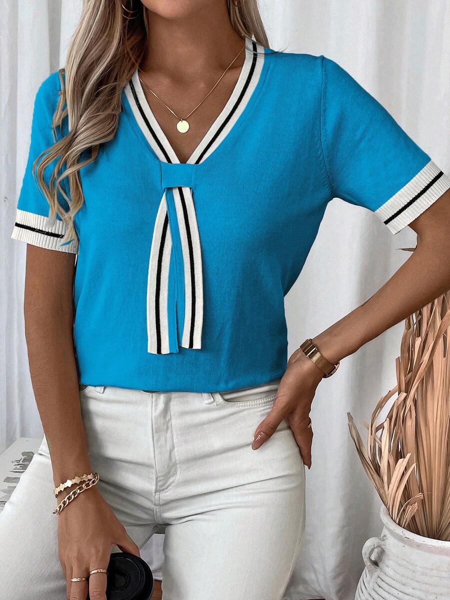Isabella Tie-Neck V-Neck Knit Top with Contrast Trim - view 13