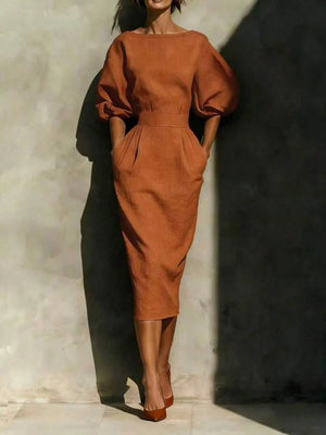 Robyn | Balloon Sleeve Boat Neck Pencil Midi Dress