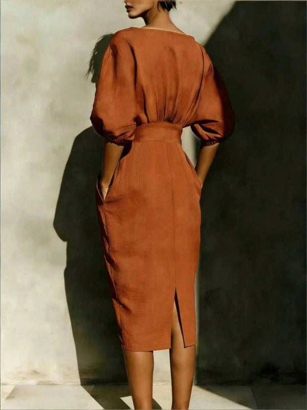 Robyn | Balloon Sleeve Boat Neck Pencil Midi Dress