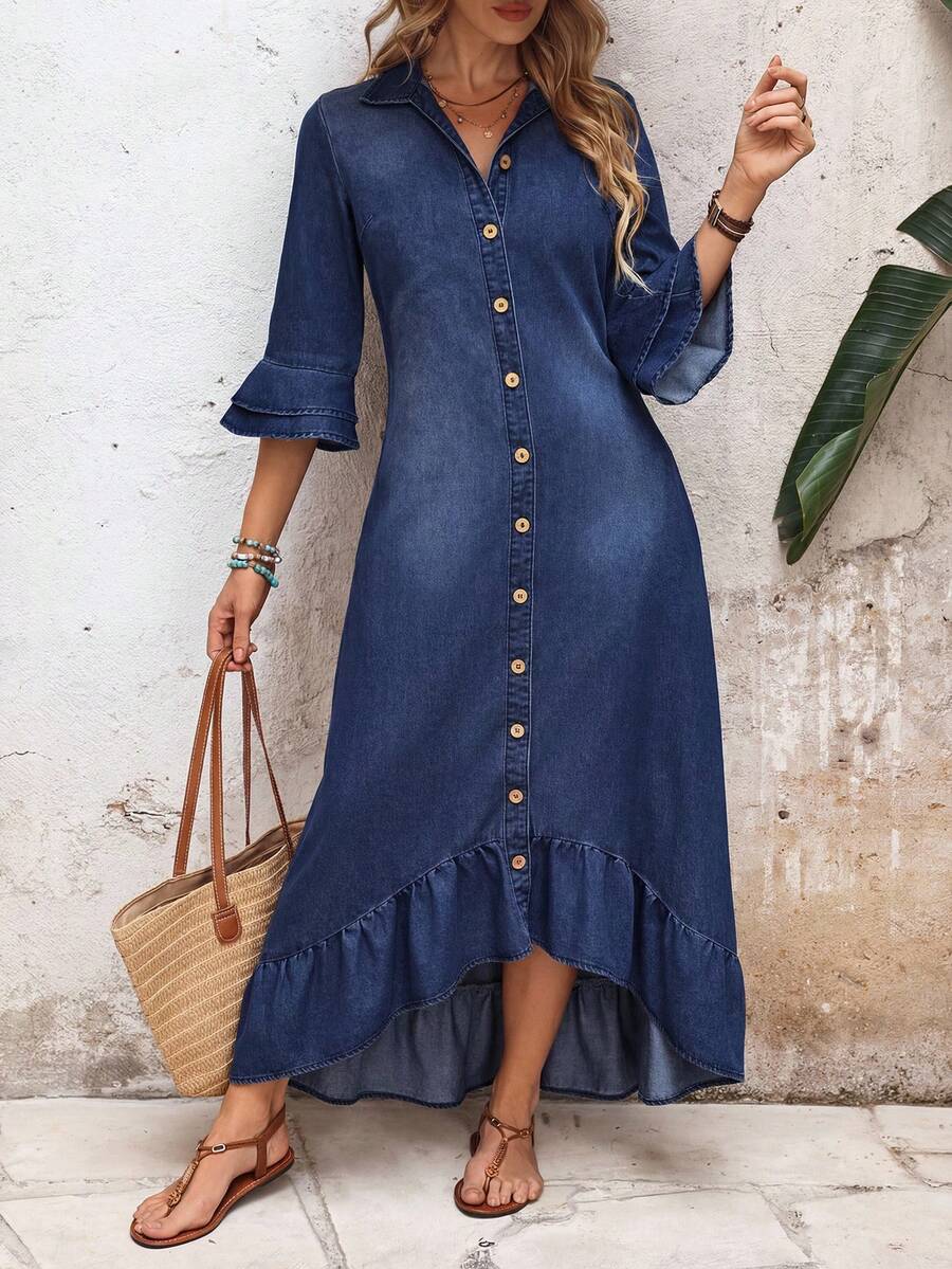 Alba Single-Breasted Denim Shirt Dress Ruffle Hem Ruched - view 10
