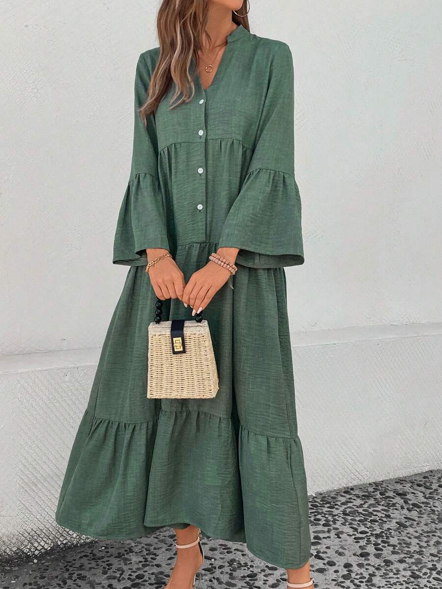 Elsie Notched V-Neck Single-Breasted Tiered Maxi Dress - view 8