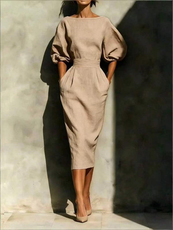 Robyn | Balloon Sleeve Boat Neck Pencil Midi Dress