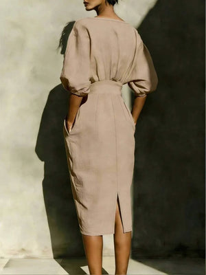 Robyn | Balloon Sleeve Boat Neck Pencil Midi Dress