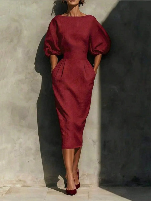 Robyn | Balloon Sleeve Boat Neck Pencil Midi Dress