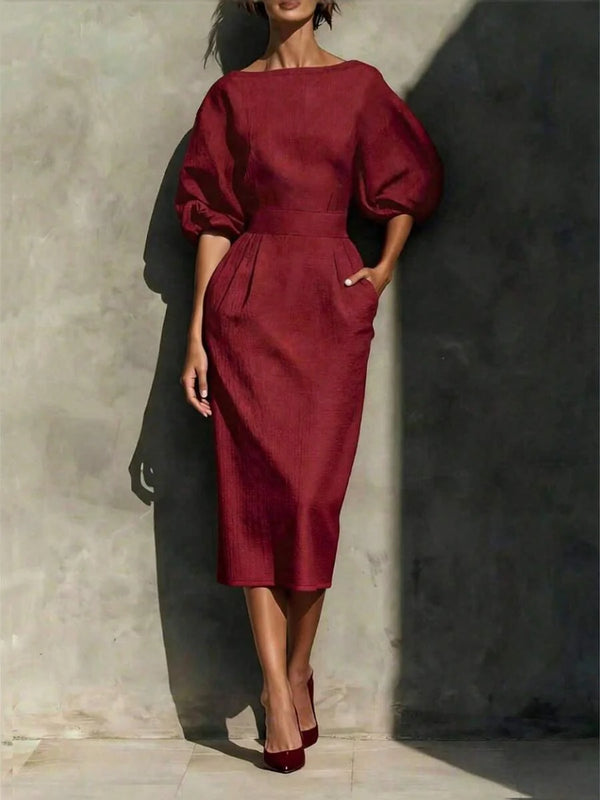 Robyn | Balloon Sleeve Boat Neck Pencil Midi Dress