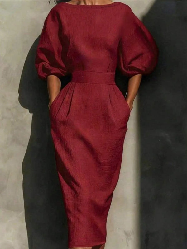 Robyn | Balloon Sleeve Boat Neck Pencil Midi Dress