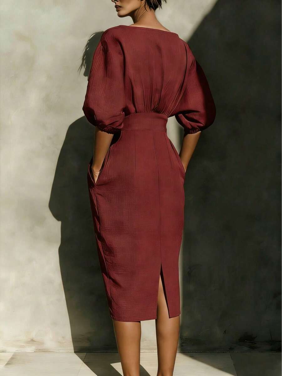 Robyn | Balloon Sleeve Boat Neck Pencil Midi Dress