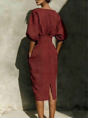 Robyn | Balloon Sleeve Boat Neck Pencil Midi Dress