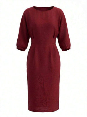 Robyn | Balloon Sleeve Boat Neck Pencil Midi Dress