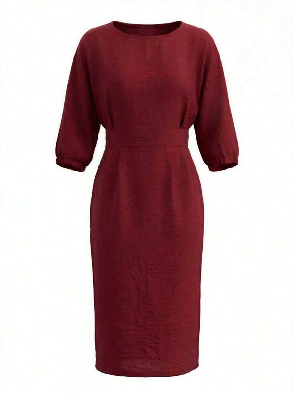 Robyn | Balloon Sleeve Boat Neck Pencil Midi Dress