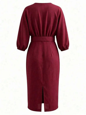 Robyn | Balloon Sleeve Boat Neck Pencil Midi Dress