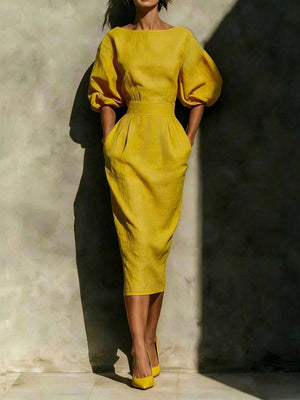 Robyn | Balloon Sleeve Boat Neck Pencil Midi Dress