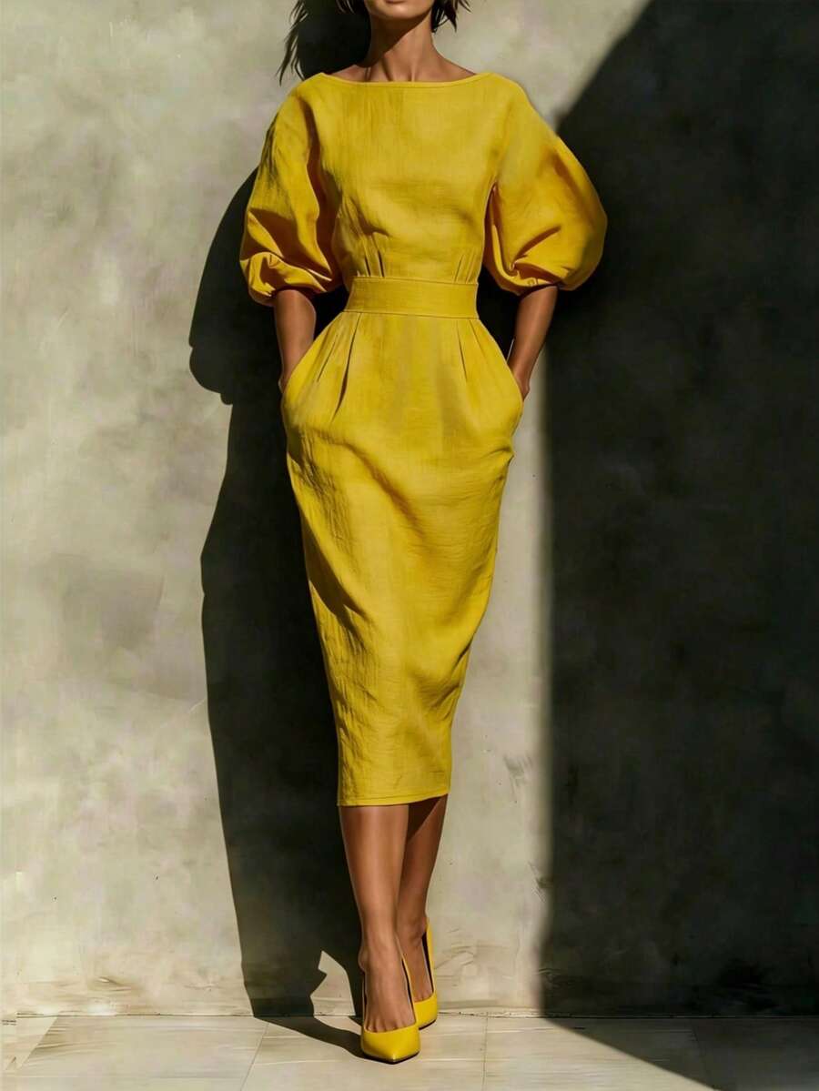 Robyn Balloon Sleeve Boat Neck Pencil Midi Dress - view 12