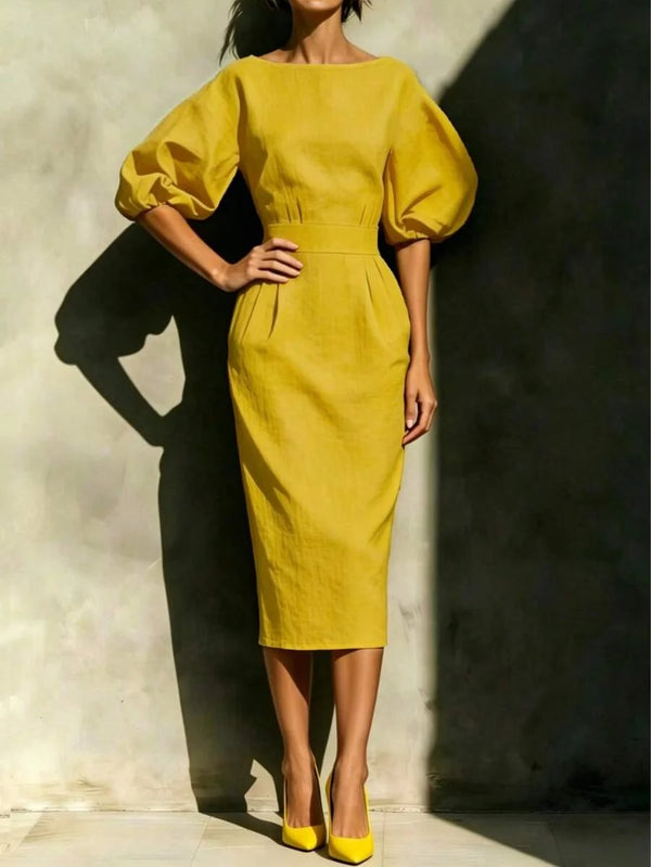 Robyn | Balloon Sleeve Boat Neck Pencil Midi Dress