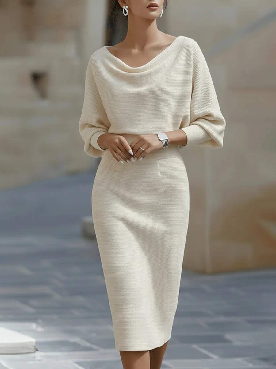 Cara Ribbed Knit Batwing Sleeve Midi Dress - view 12