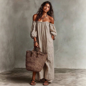 Ruby | Striped Off-Shoulder Puff Sleeve Midi Dress