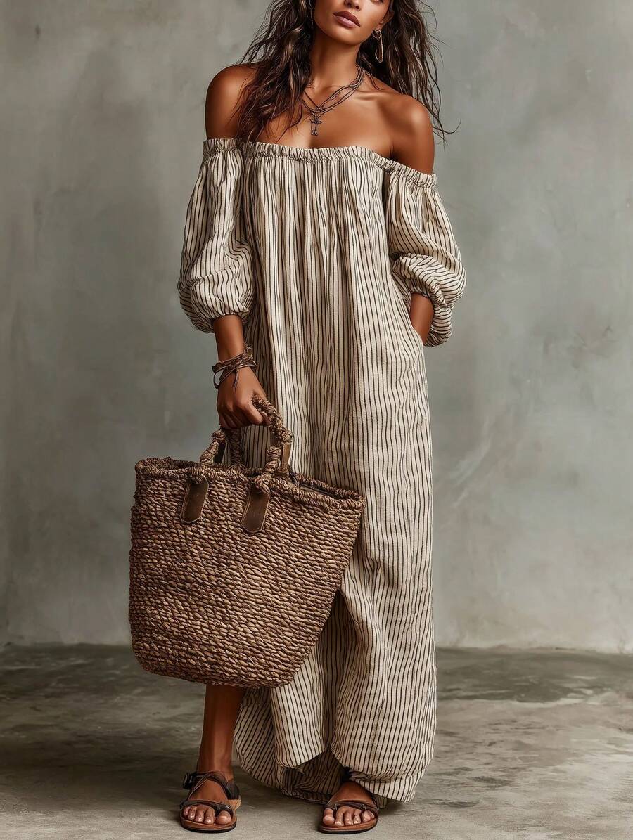Ruby Striped Off-Shoulder Puff Sleeve Midi Dress - view 7