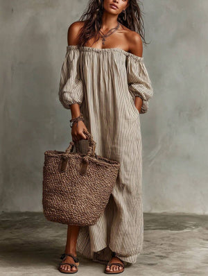 Ruby | Striped Off-Shoulder Puff Sleeve Midi Dress