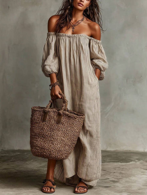 Ruby | Striped Off-Shoulder Puff Sleeve Midi Dress