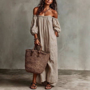 Ruby | Striped Off-Shoulder Puff Sleeve Midi Dress
