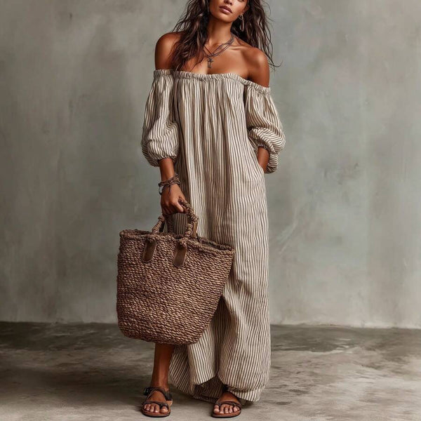 Ruby | Striped Off-Shoulder Puff Sleeve Midi Dress