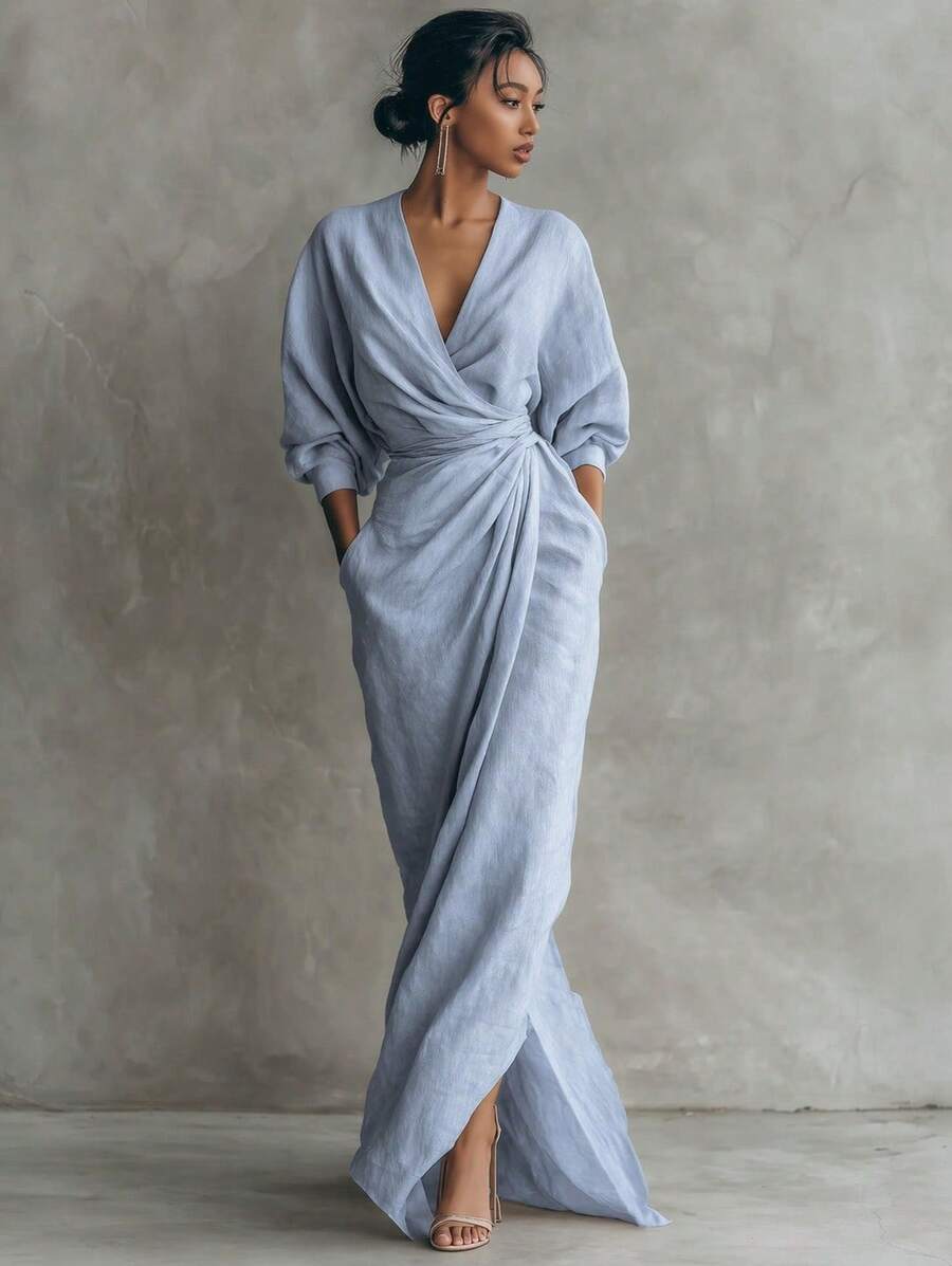 Nia V-Neck Batwing Sleeve Wrap Maxi Dress - front view
