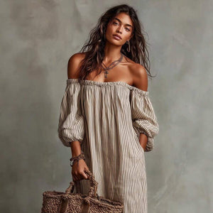 Ruby | Striped Off-Shoulder Puff Sleeve Midi Dress